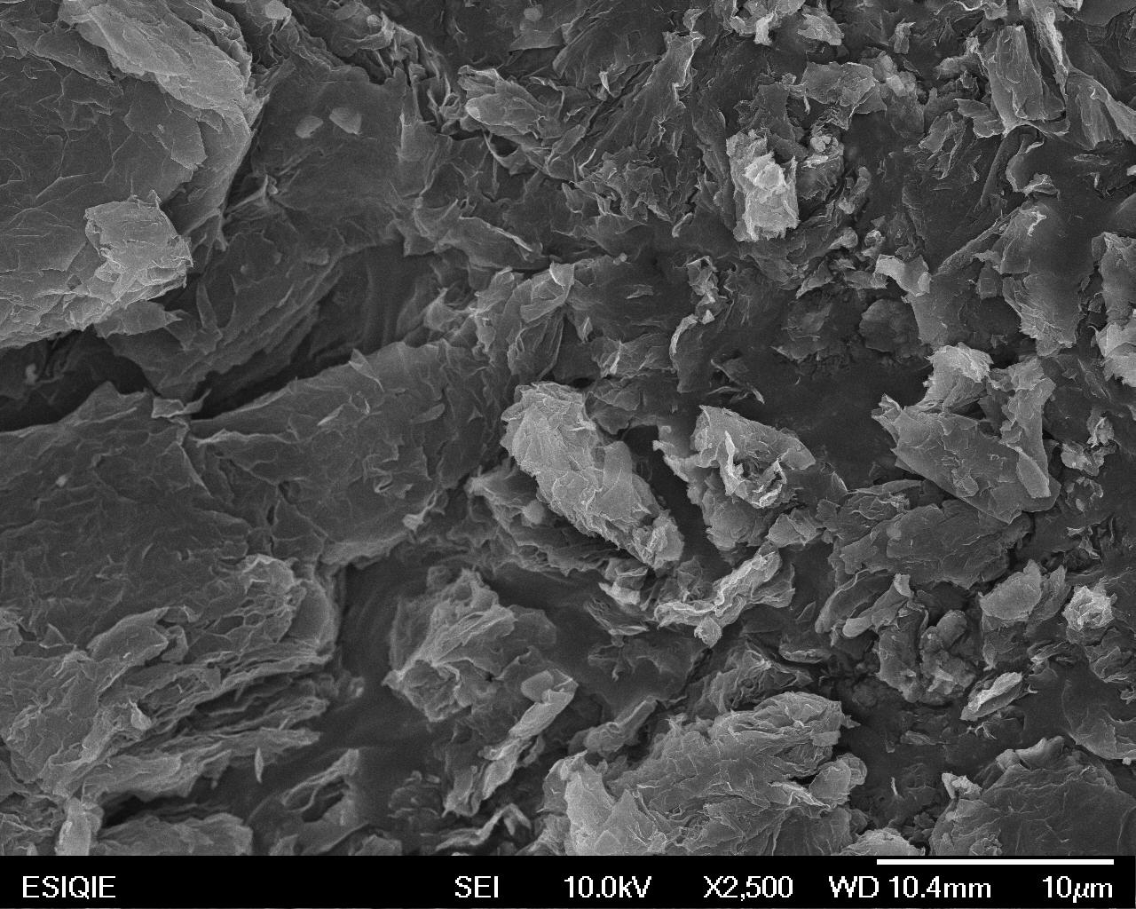 SEM image of reduced graphene oxide at 2,500 times magnification